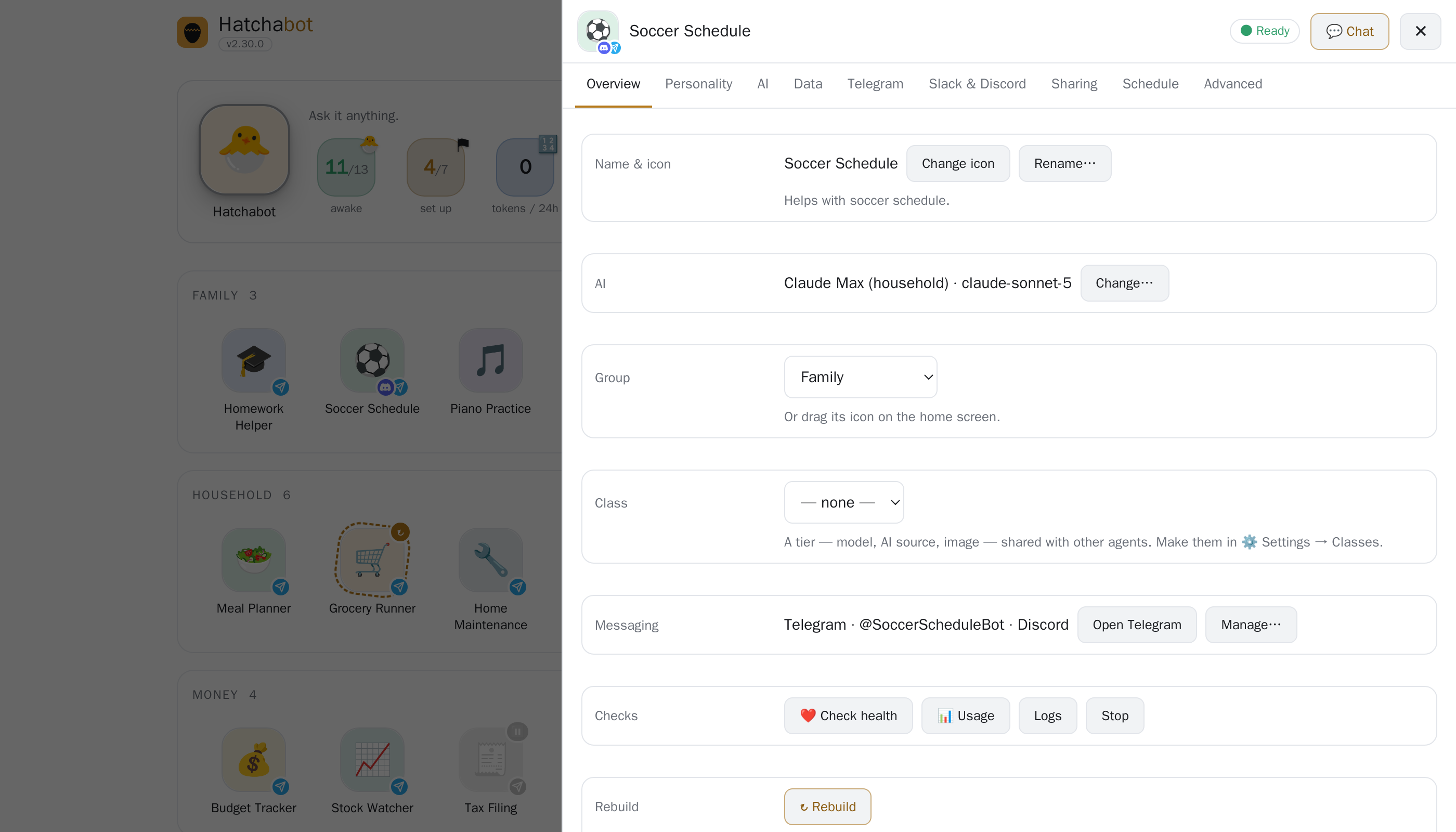 One agent's settings sheet: status, name and icon, which AI it uses, its group, the messaging apps that reach it, and health checks