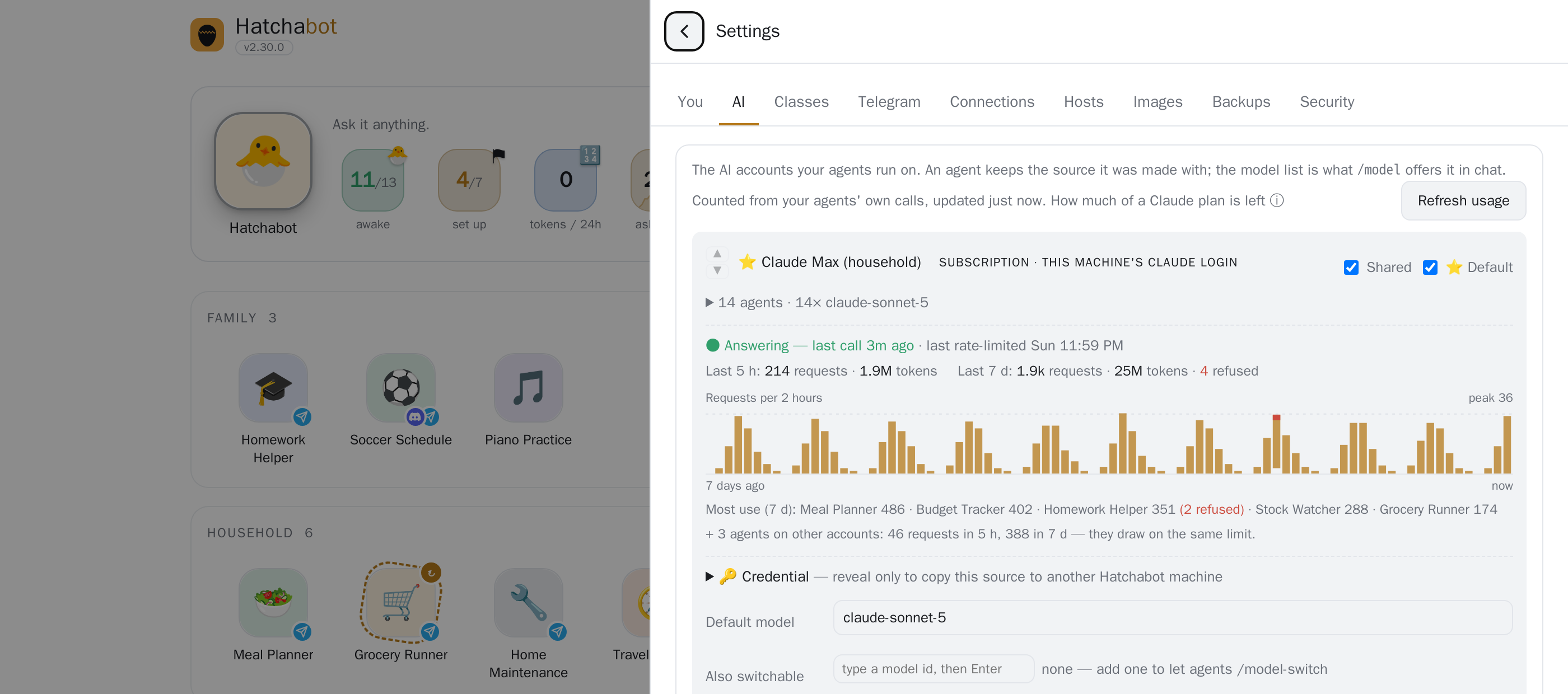 Usage for an AI source: requests and tokens for the last 5 hours and 7 days, a 7-day chart, and the agents using it most